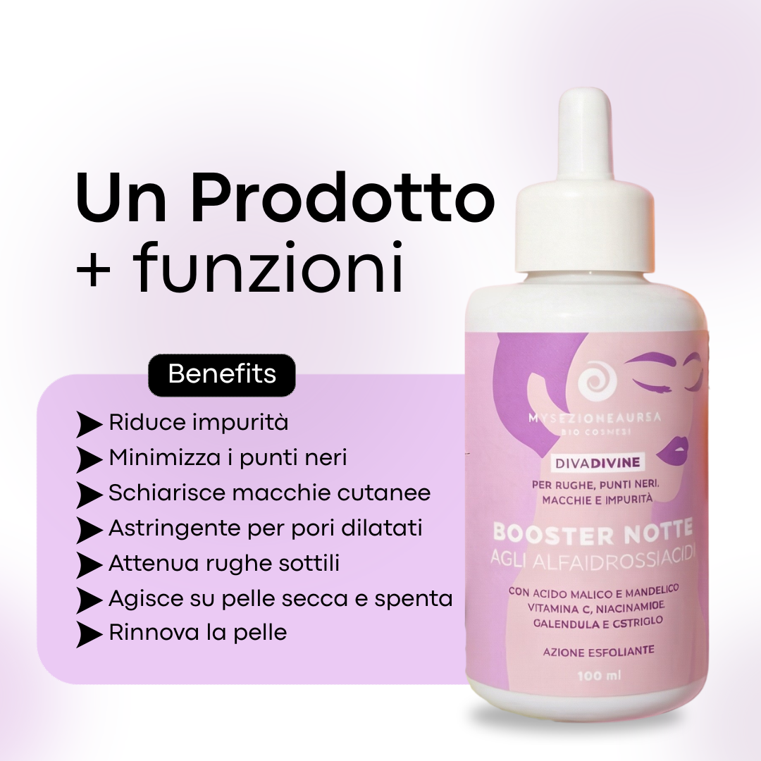 Booster notte agli alfaidrossiacidi AHA per rughe, punti neri, macchie e impurità DIVA DIVINE